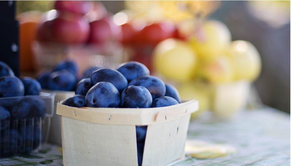 basket of plums in blue, purple and yellow