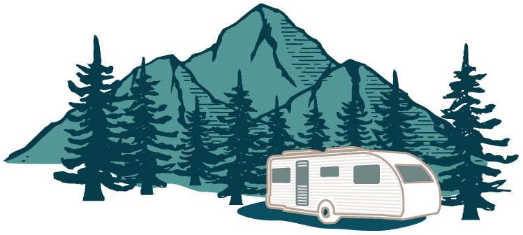 illustration of mountains, trees and an RV trailer
